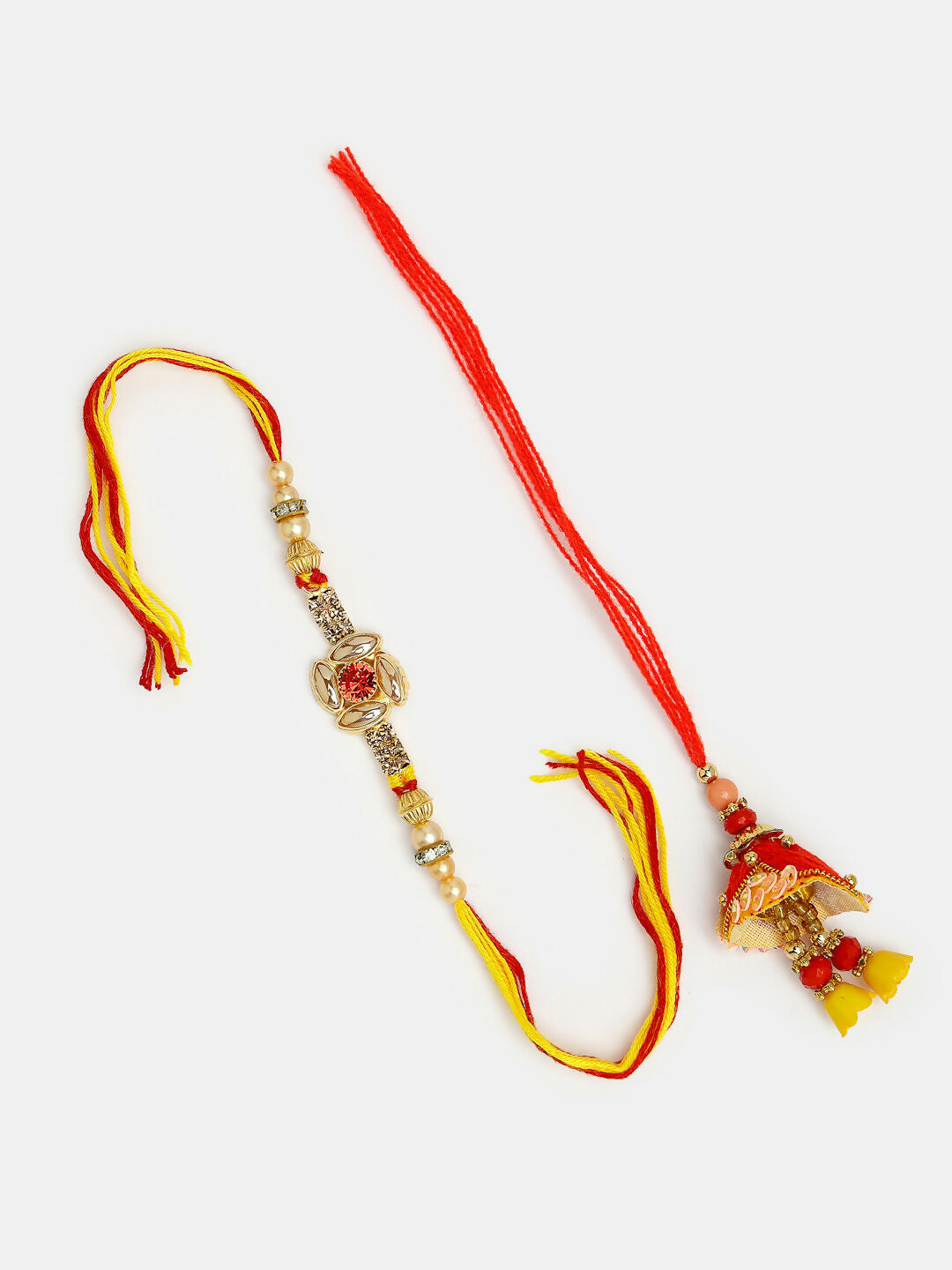 NVR Women & Men Set of 2 Red & Gold-Toned Stone-Studded Bhaiya Bhabhi Rakhi With Roli Chawal - Distacart