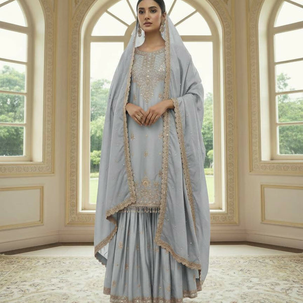 Teeya Creation Grey Color Chinnon Silk Embroidery Work Wedding Wear Salwar Suit - Distacart
