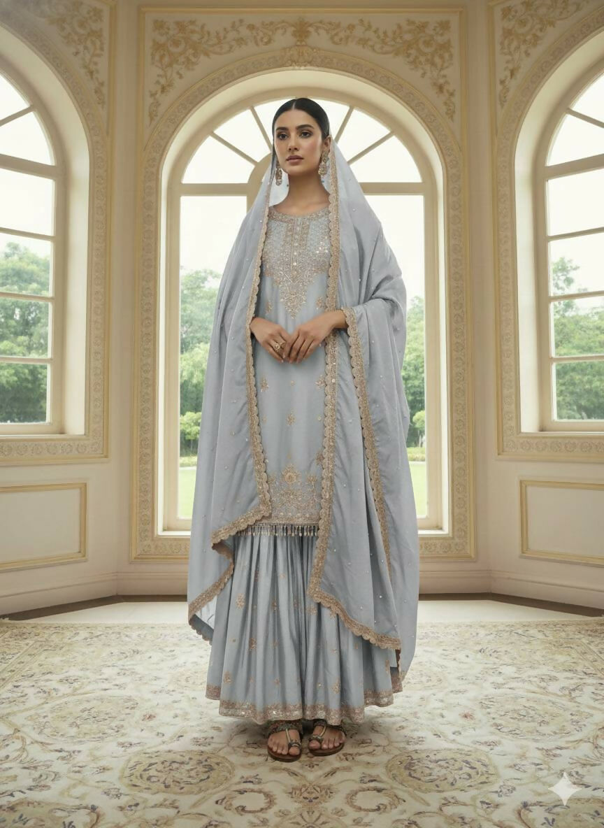 Teeya Creation Grey Color Chinnon Silk Embroidery Work Wedding Wear Salwar Suit - Distacart