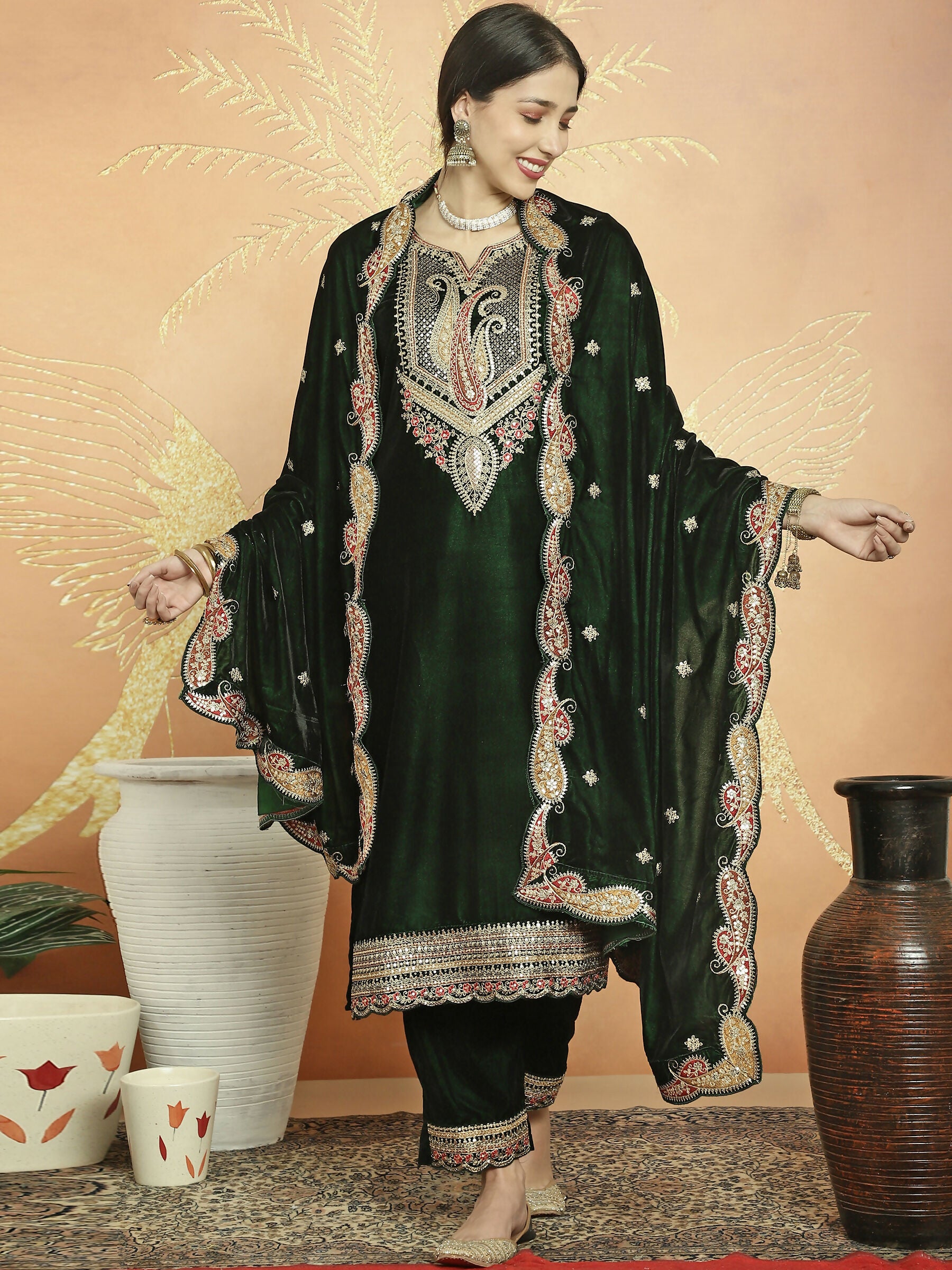 Jyoti Fashion Women's Green Velvet Cording with Resham Thread & Sequin Kurta with Trouser & Dupatta - Distacart