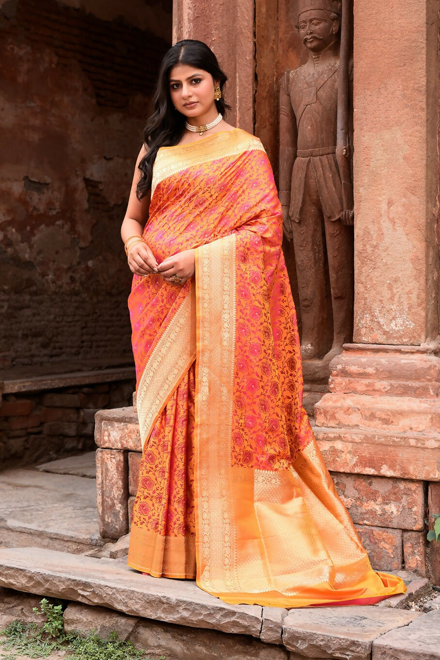 Joban Fashion Tangent Banarasi Katan Pure Handloom Banarasi Silk Saree - Dista