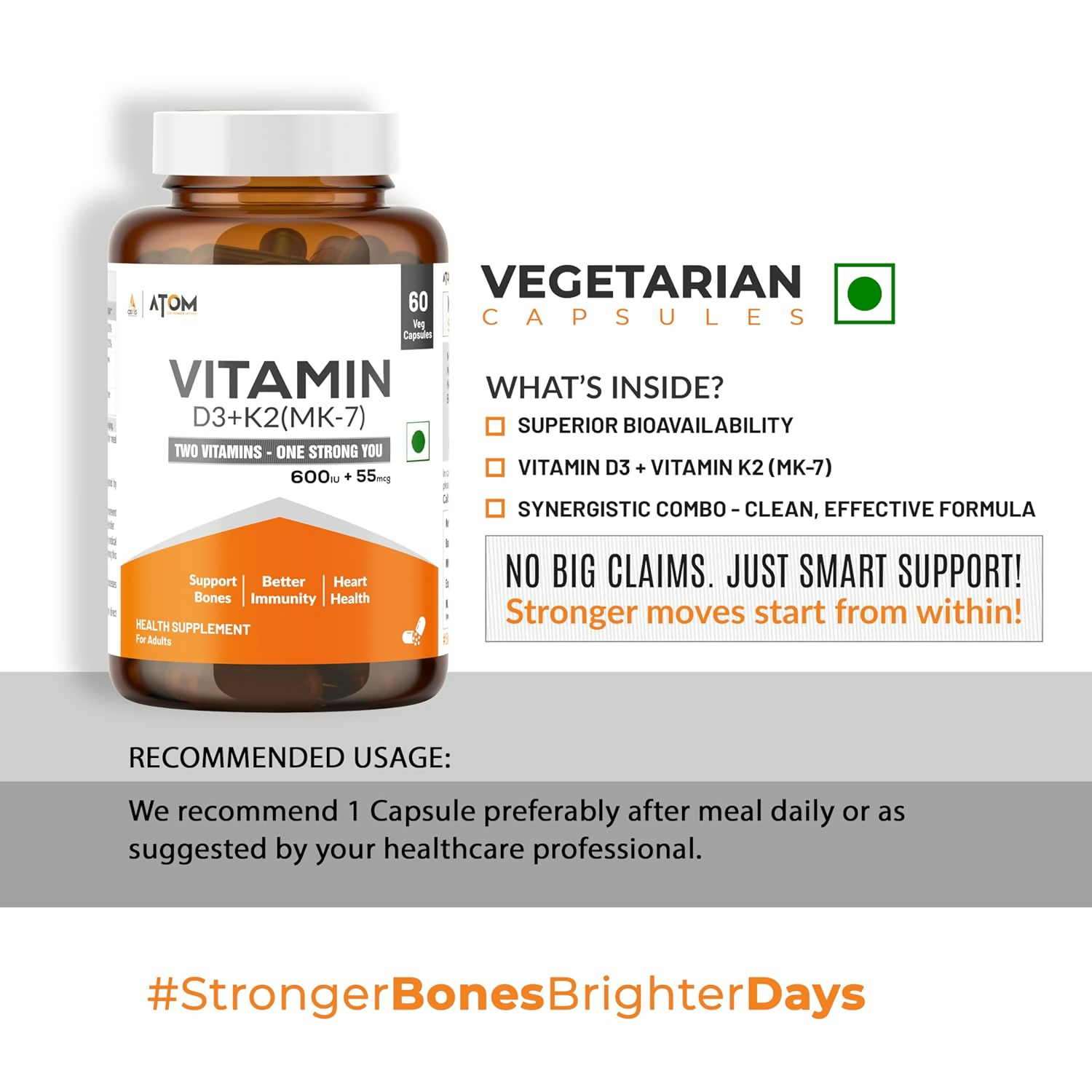 As-It-Is Atom Vitamin D3 & K2 (Mk-7) Veg Capsules