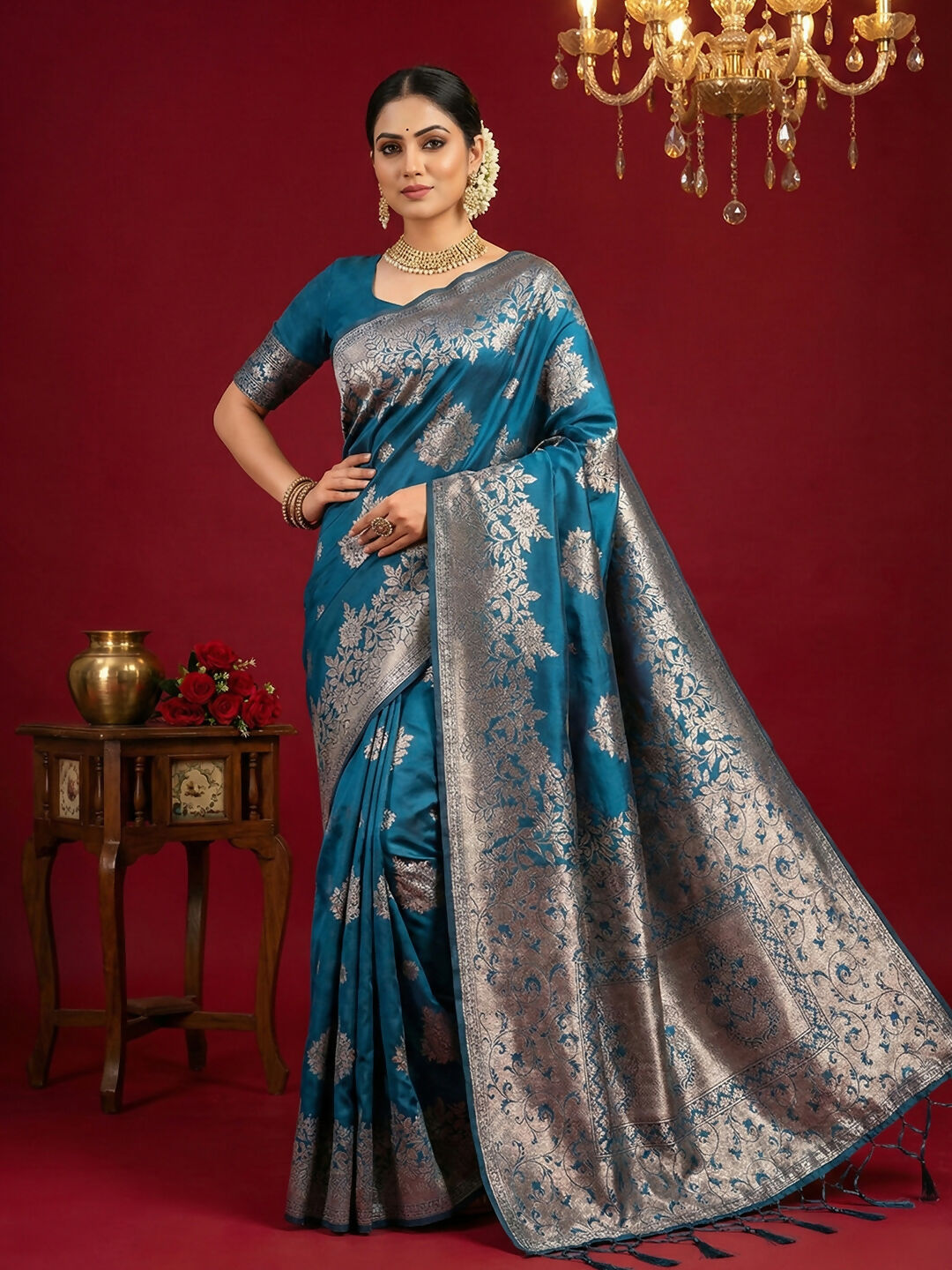 Astita Teal Blue Silk Blend Saree - Distacart