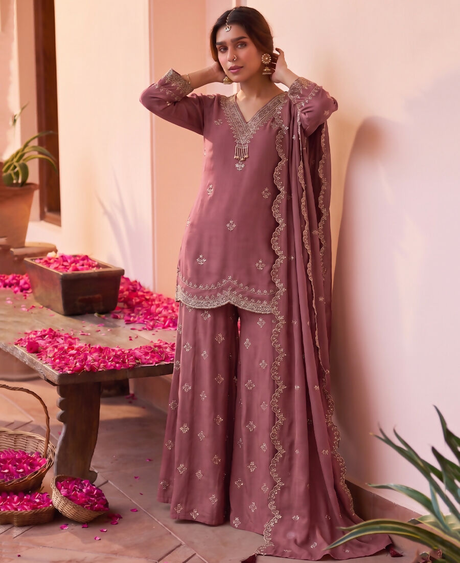 KC Roman Silk Palazzo Suit For Women Wedding Wear Pink - Dista