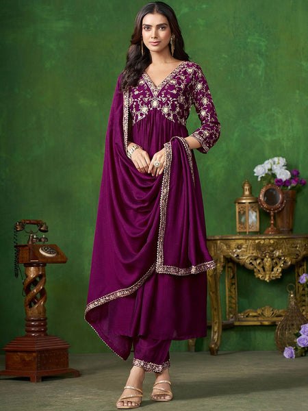 Sangria Floral Embroidered A-Line Kurta & Trousers With Dupatta