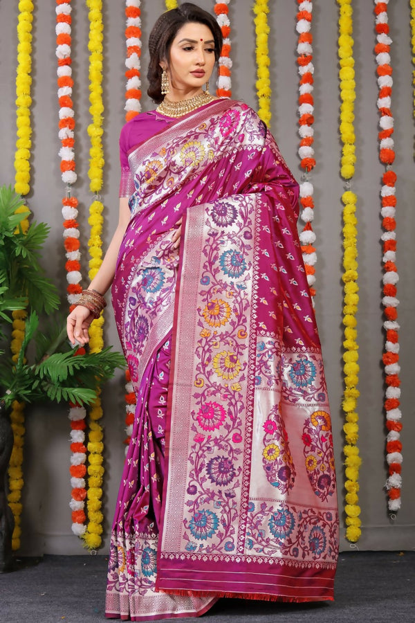 Jyoti Fashion Women's Magenta Banarasi Silk Zari Woven Saree with Blouse - Distacart