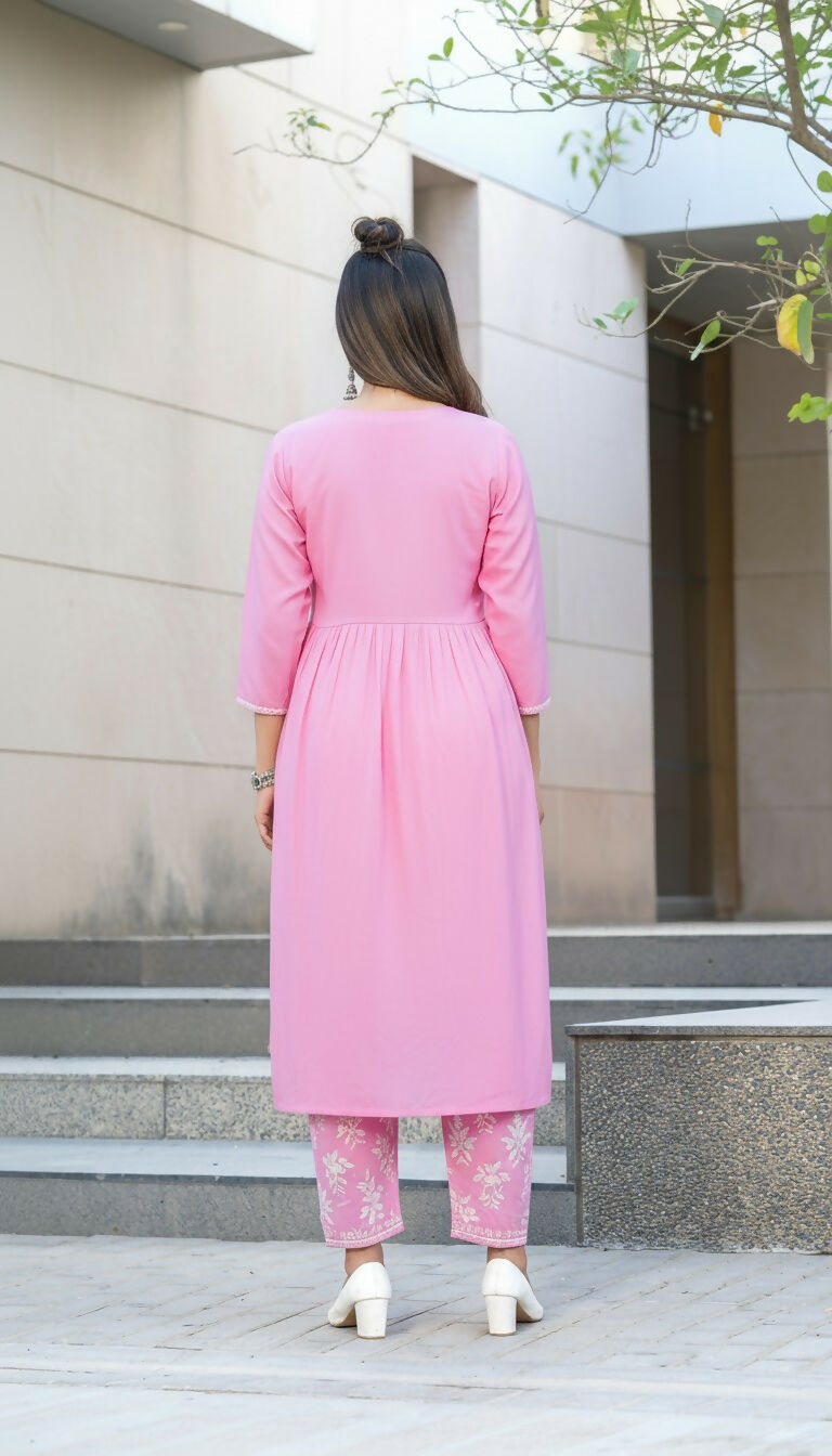 BulBul Arushi Pink Rayon Kurta Set with Lucknowi Work