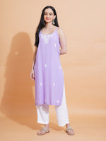 Thumbnail for Pahnaz Luxury Rayon Chikankari Sleeveless Long Kurti-Lavender - Dista