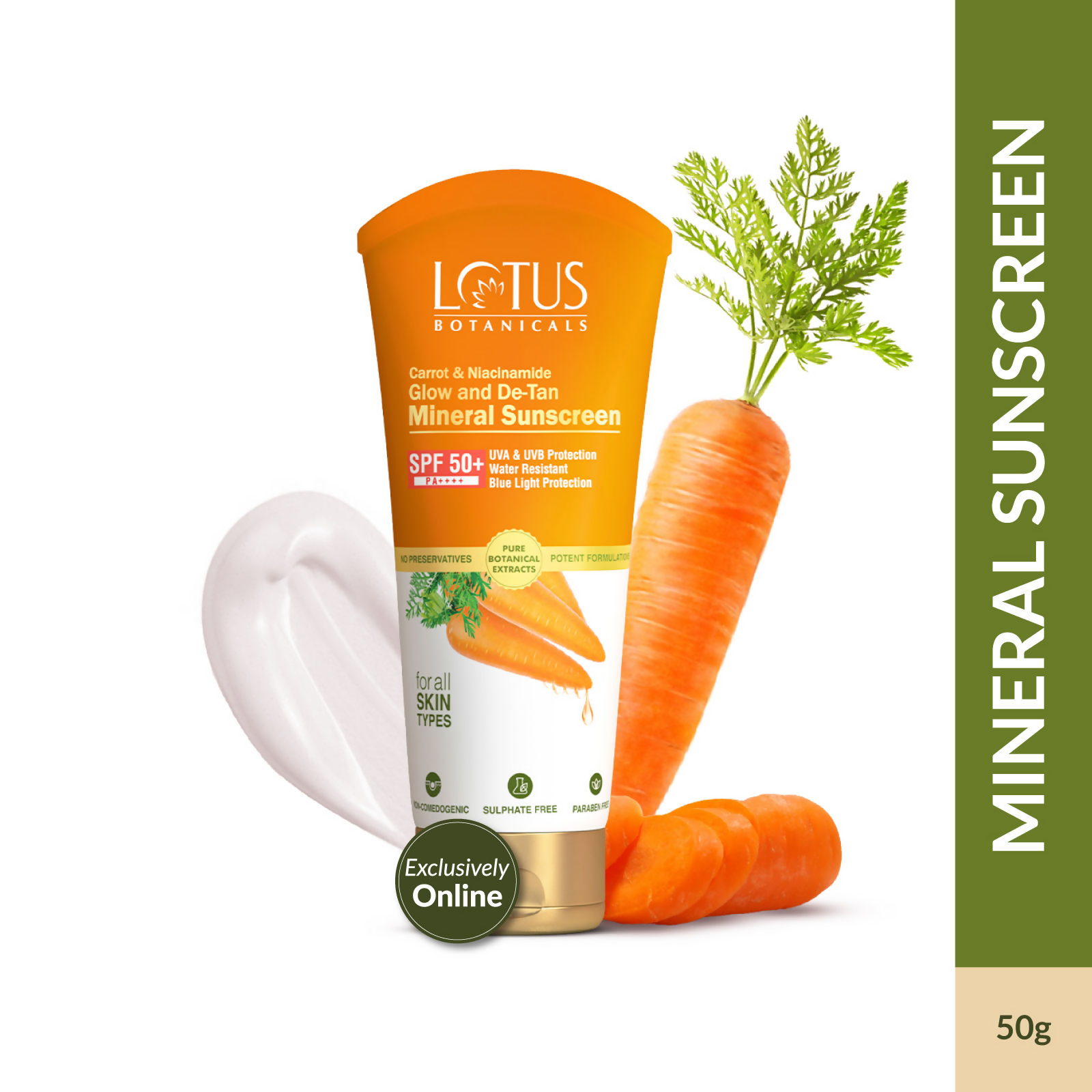 Lotus Botanicals Carrot & Niacinamide Glow and De-Tan Mineral Sunscreen, SPF 50+, PA++++ - Distacart