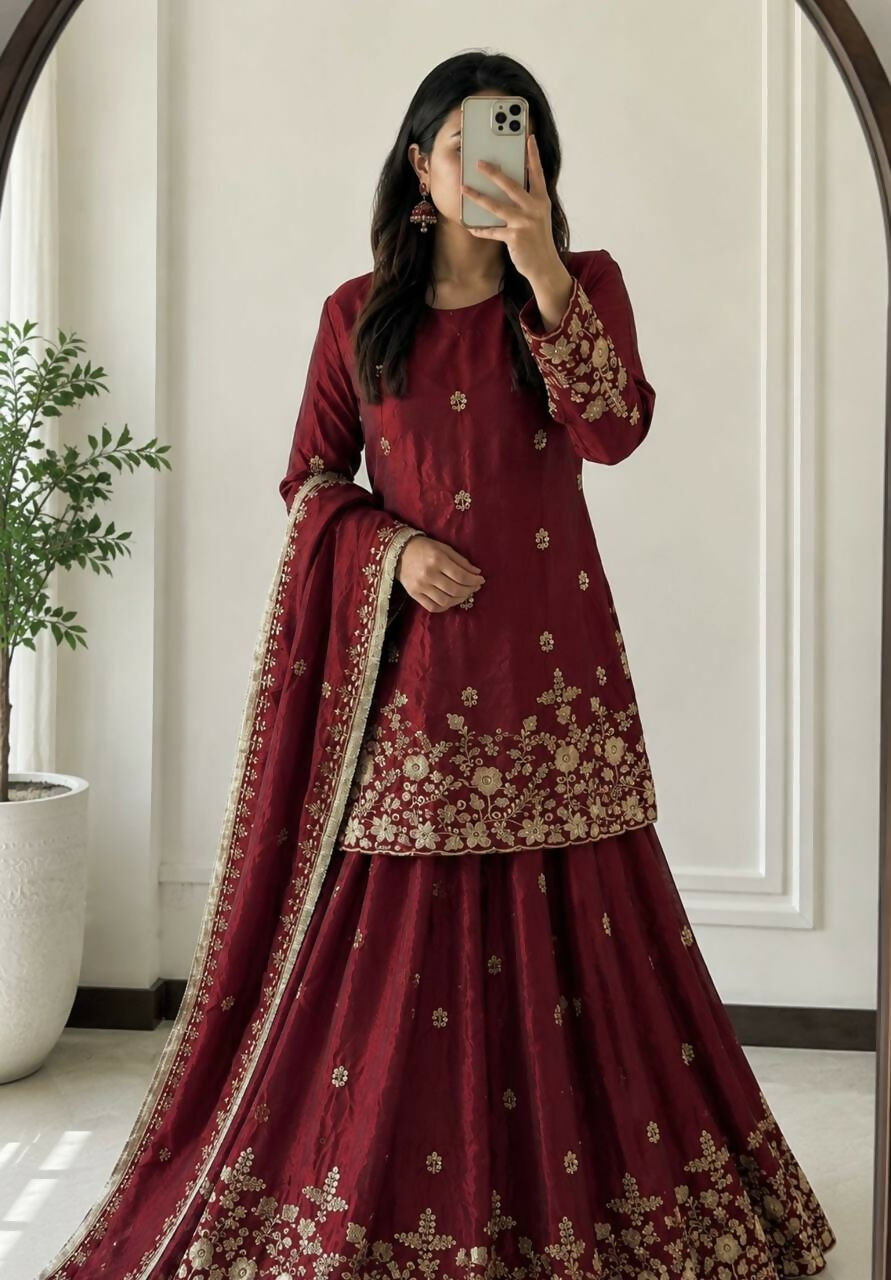 Teeya Creation Womens New Latest Heavy Embroidery Sequins Work Lehenga Set - Red - Dista