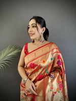 Thumbnail for Joban Fashion Pastel Red Floral & Bird Motifs Soft Silk Paithani Saree - Distacart