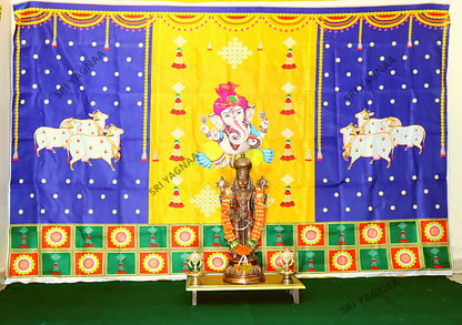Sri Yagnaa M 30 – Ganesh & Gomatha Blue-Yellow Backdrop Cloth, 8 x 5 Ft - Dista
