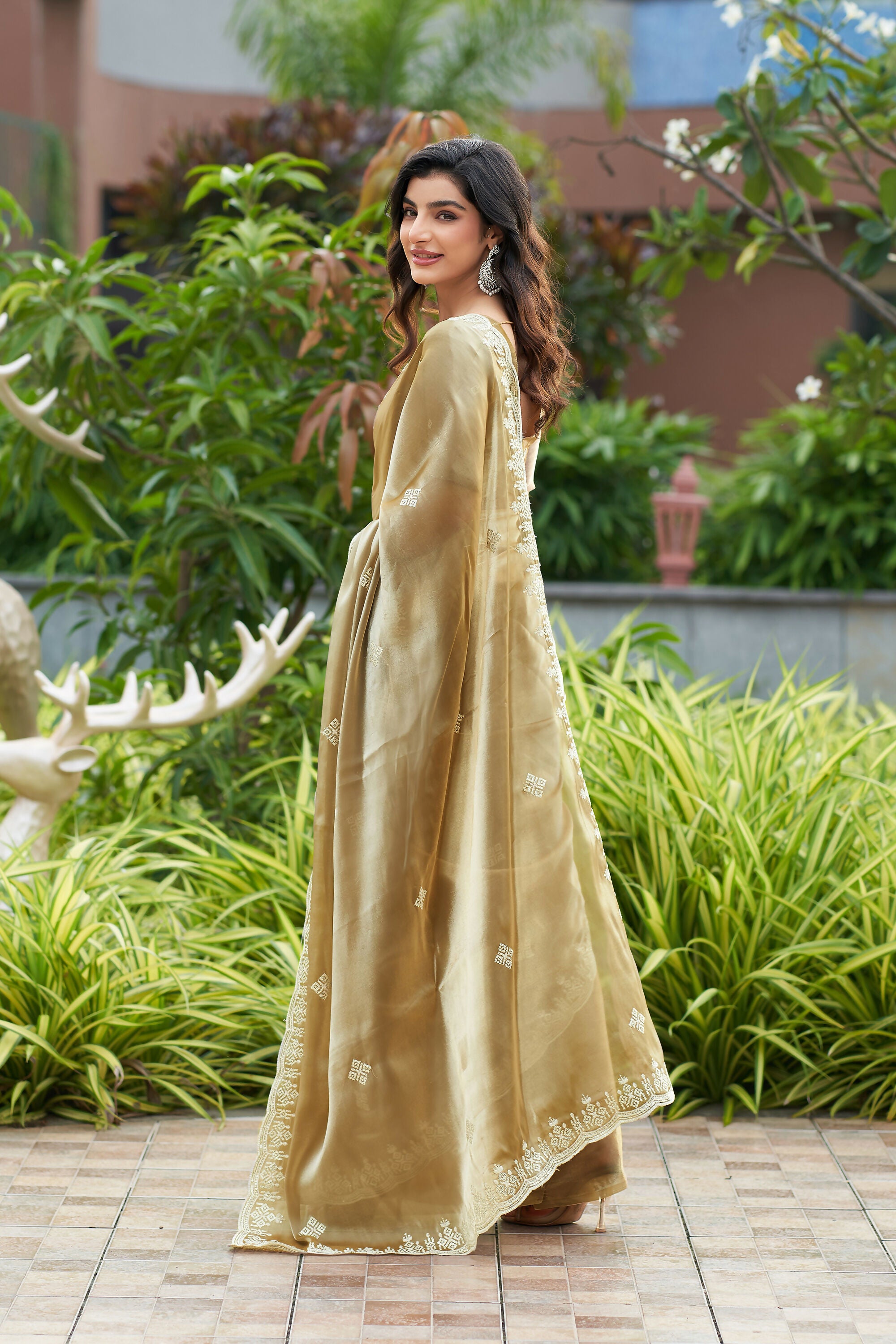 Vastranavya Beige Embroidery Work Shimmer Chiffon Saree with Unstitched Blouse