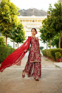 Thumbnail for Vaasva Women Maroon Muslin Floral & Embroidered Cut Work Kurta ,Sharara & Dupatta set - Distacart