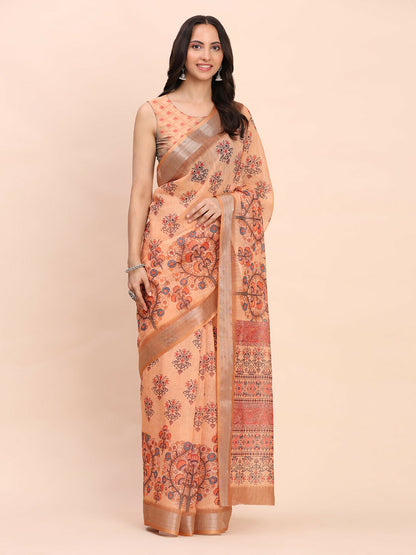 Shree Shyam Fashion Linen Cotton Orange Saree - Distacart