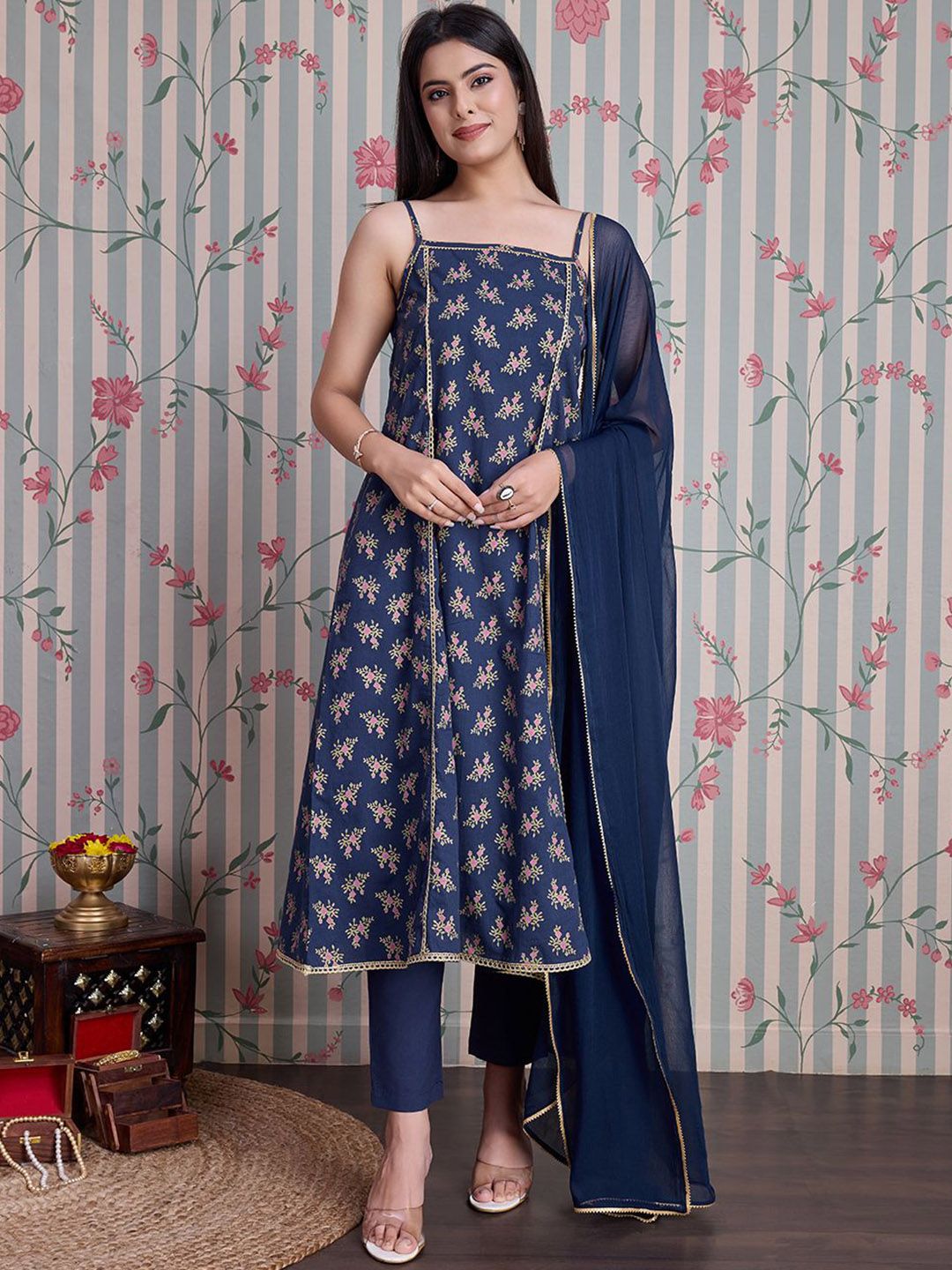 Ode by House of Pataudi Floral Printed Gotta Patti Pure Cotton Anarkali Kurta Set - Distacart