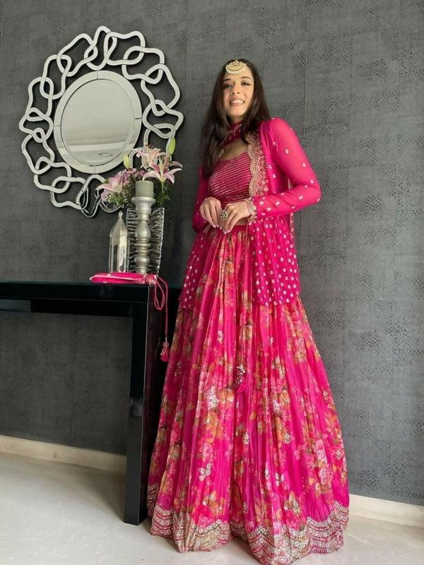 Jyoti Fashion Pink Jari with Sequin Embroidered Georgette Semi Lehenga Choli with Dupatta - Distacart
