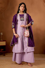 Thumbnail for Lehenga Mart Designer Front-Slit Kurta, Paired With Wide-Leg Palazzo Pants And A Dupatta.-Lavender - Distacart
