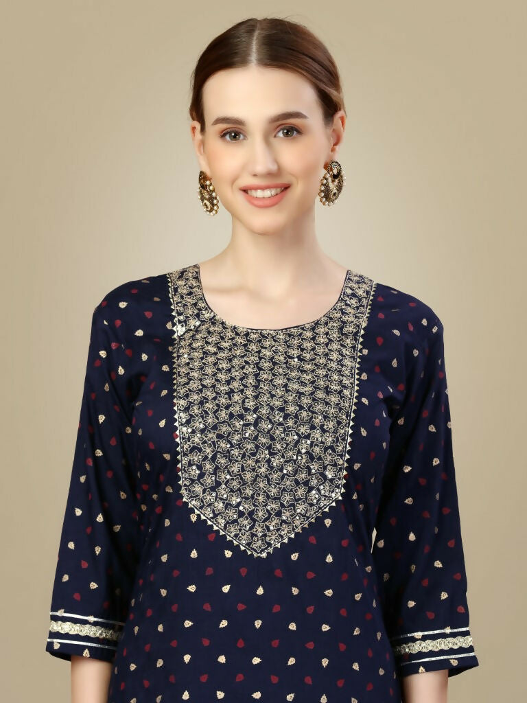 Jyoti Fashion Women's Navy Blue Silk Blend Embroidery & Sequence work Kurta with Trouser & Dupatta - Distacart
