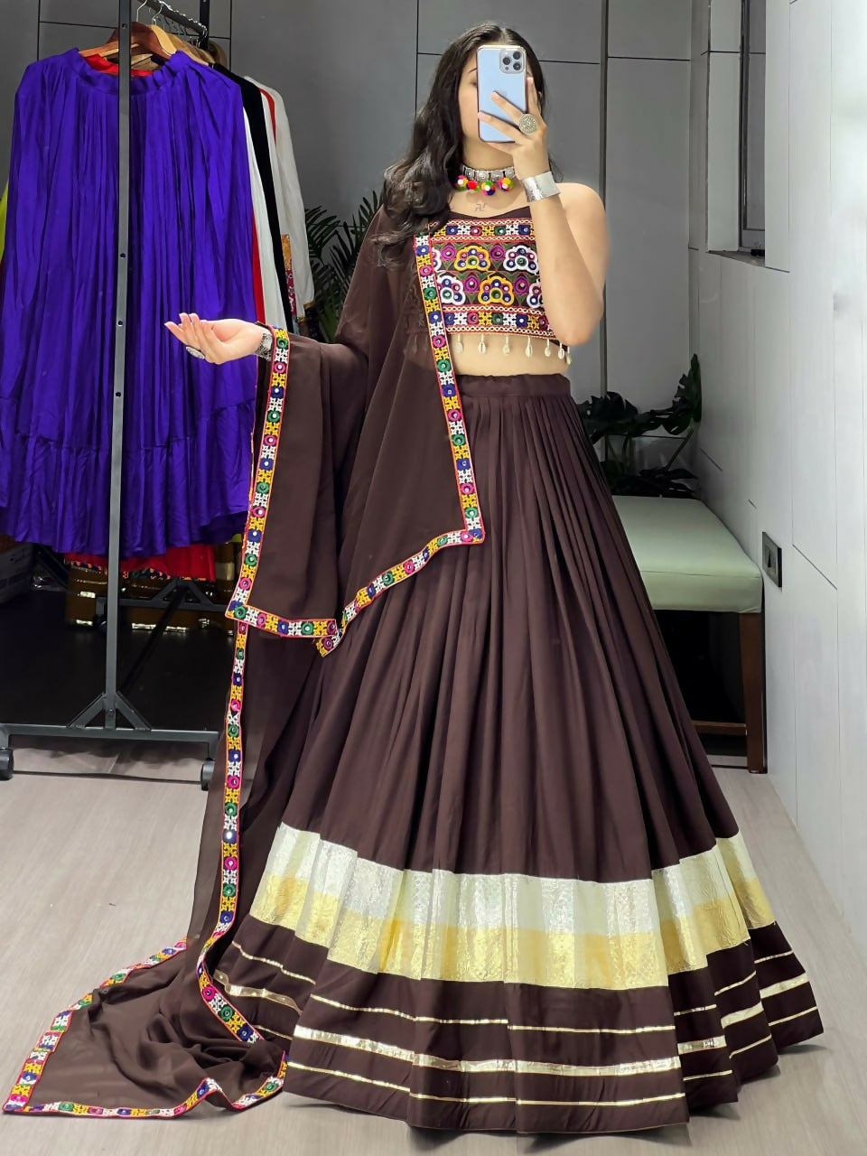 Yash Enterprise Brawn Rayon Cotton Embroidery Semi Stitched Navratri Top Chaniya Choli - Dista
