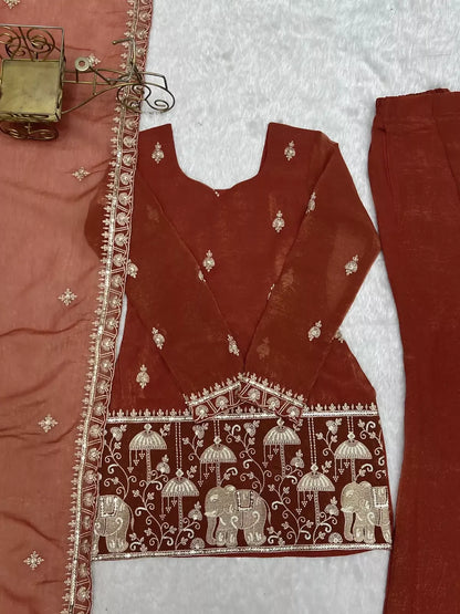 Teeya Creation Rust Embroidered Kurti Set with Dupatta & Pants - Dista