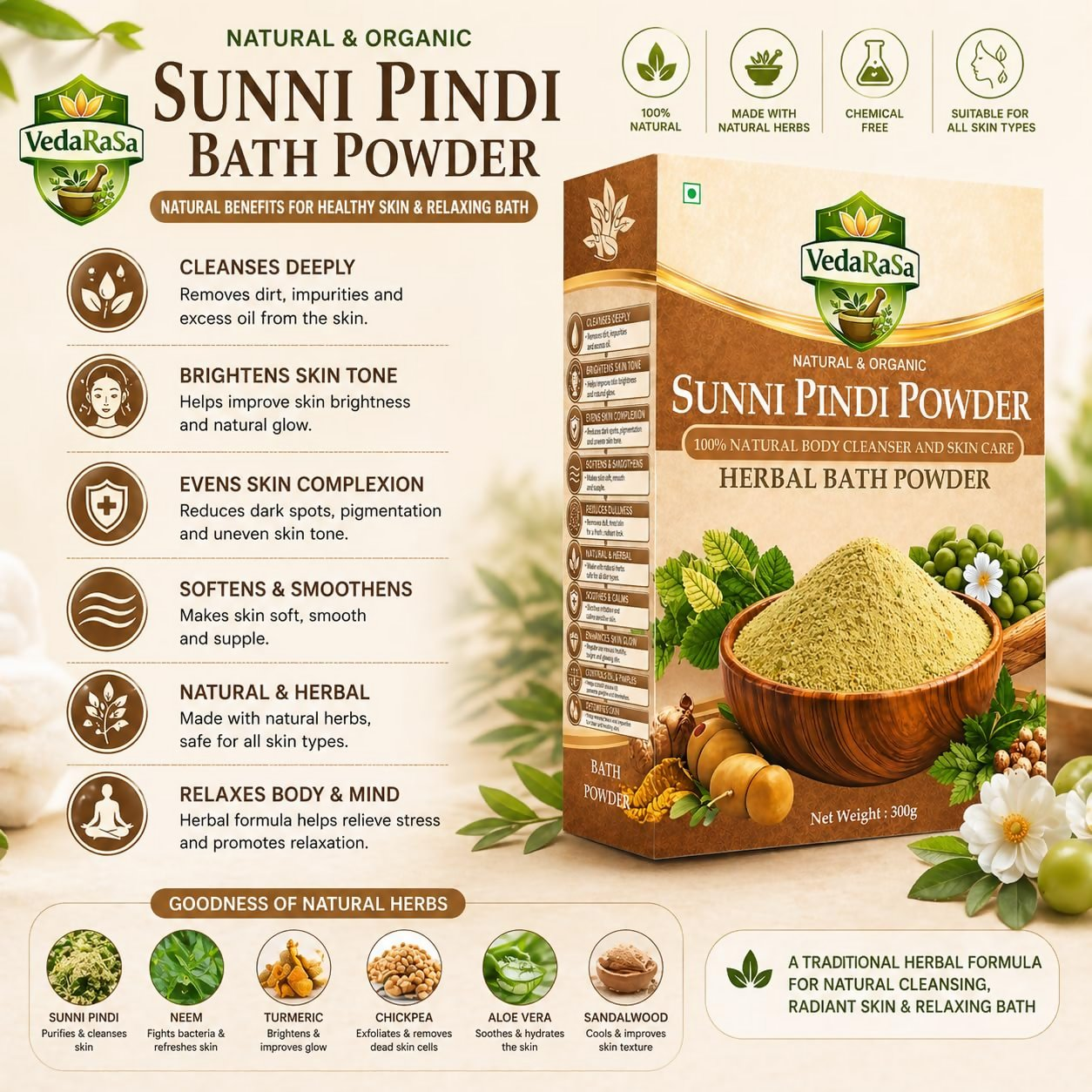 VedaRasa Sunni Pindi Herbal Bath Powder - Dista