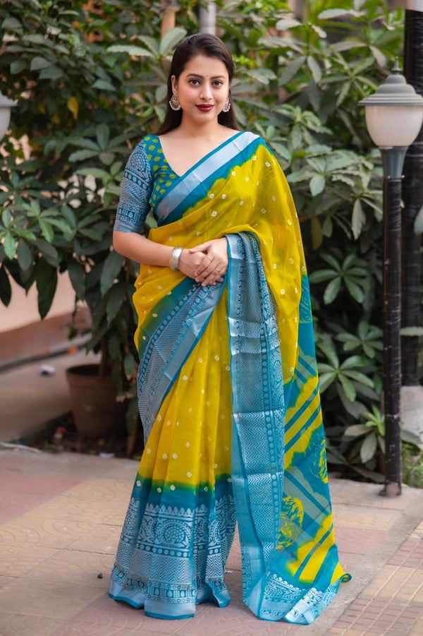 Yellow Jute Silk Ethnic Motifs Saree with Unstitched Blouse - Hiral Fashion - Distacart
