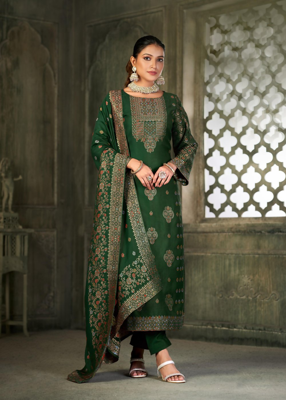 Green Viscose Pasmina Mina Work Kurta & Bottom with Dupatta - Paridhi - Distacart