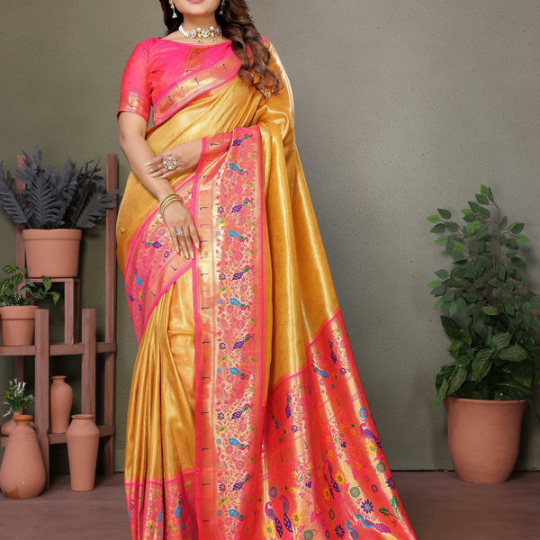 Aastha Fashion Yellow Tissue Silk Paithani Woven Saree - Distacart