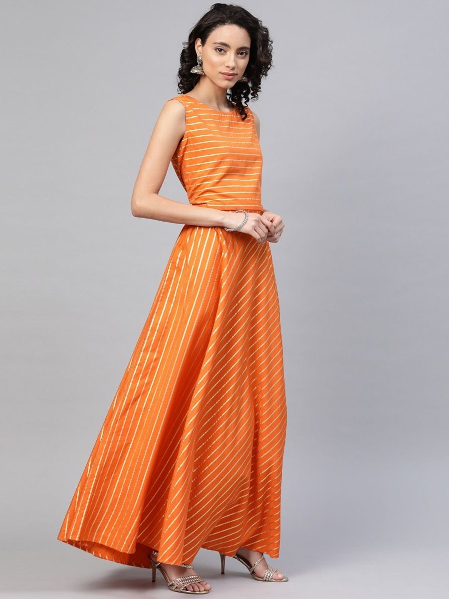 Ahalyaa Women's Orange Crepe Gold Print Top Skirt With Printed Jacket