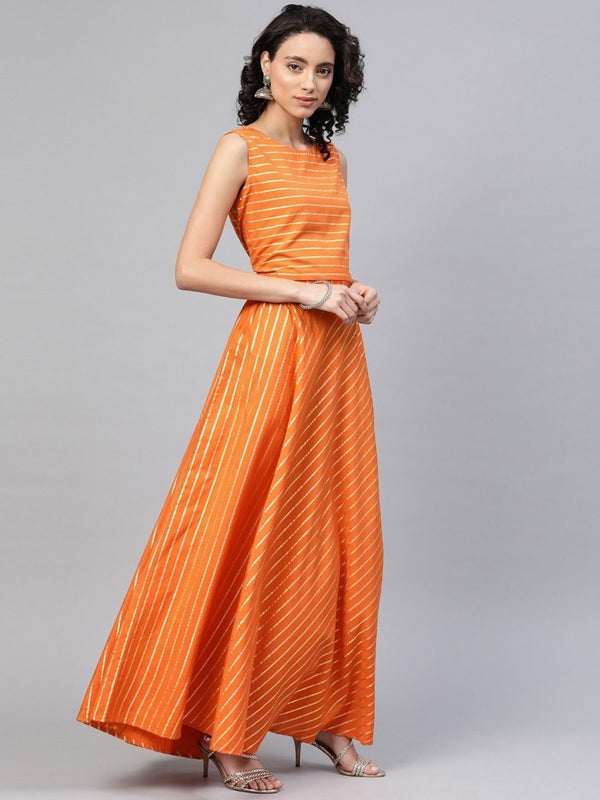Ahalyaa Women's Orange Crepe Gold Print Top Skirt With Printed Jacket