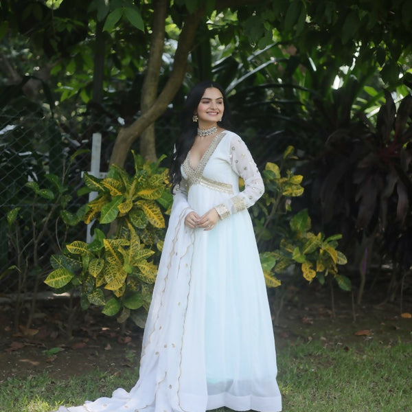 Jyoti Fashion Women's White Faux Blooming Sequins Zari Embroidered Anarkali Dress with Dupatta - Distacart