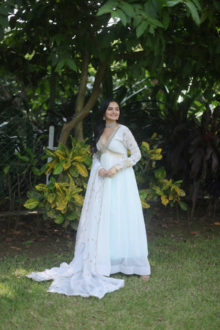 Jyoti Fashion Women's White Faux Blooming Sequins Zari Embroidered Anarkali Dress with Dupatta - Distacart