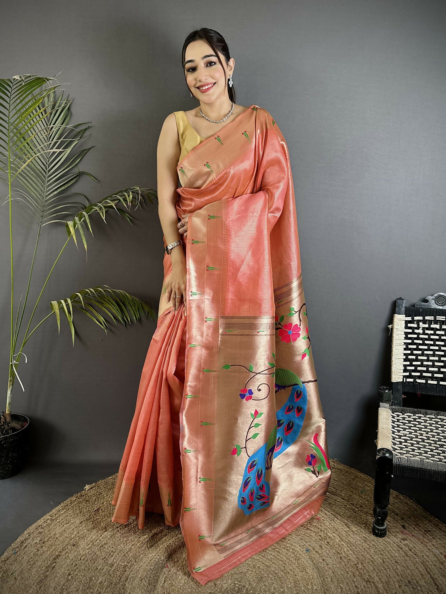 Joban Fashion Light Orange Peacock & Floral Motifs Tissue Paithani Saree - Dista