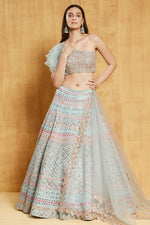 Thumbnail for Jyoti Fashion Light Turquoise Thread, Zari and Paper Mirror Embroidered Organza One Shoulder Bridal Lehenga Choli - Distacart