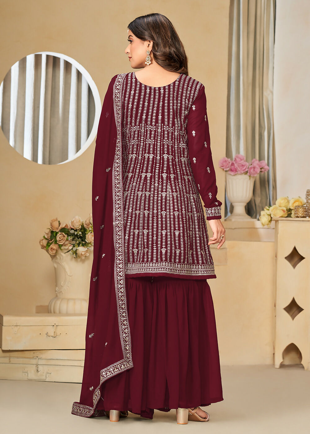 Faux Georgette Maroon Embroidered Gharara Style Suit - Emponline - Distacart