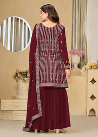 Thumbnail for Faux Georgette Maroon Embroidered Gharara Style Suit - Emponline - Distacart