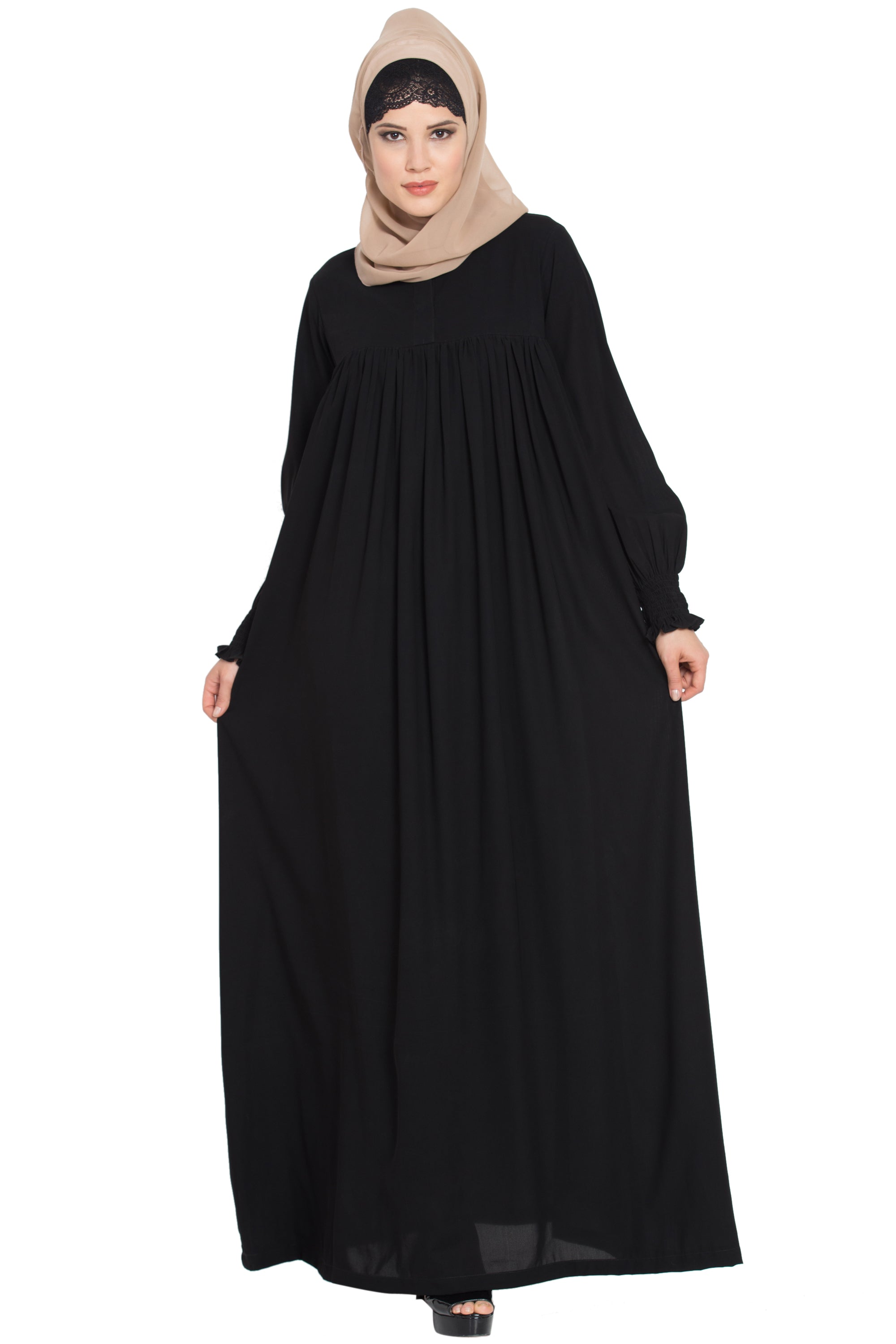 Bashariya Loose From Chest| Arabian Abaya With Gather and Smocky Sleeves - Black - Distacart