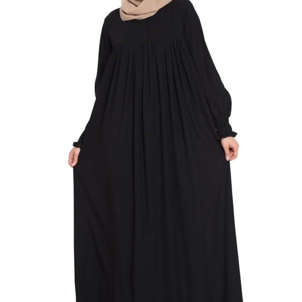 Bashariya Loose From Chest| Arabian Abaya With Gather and Smocky Sleeves - Black