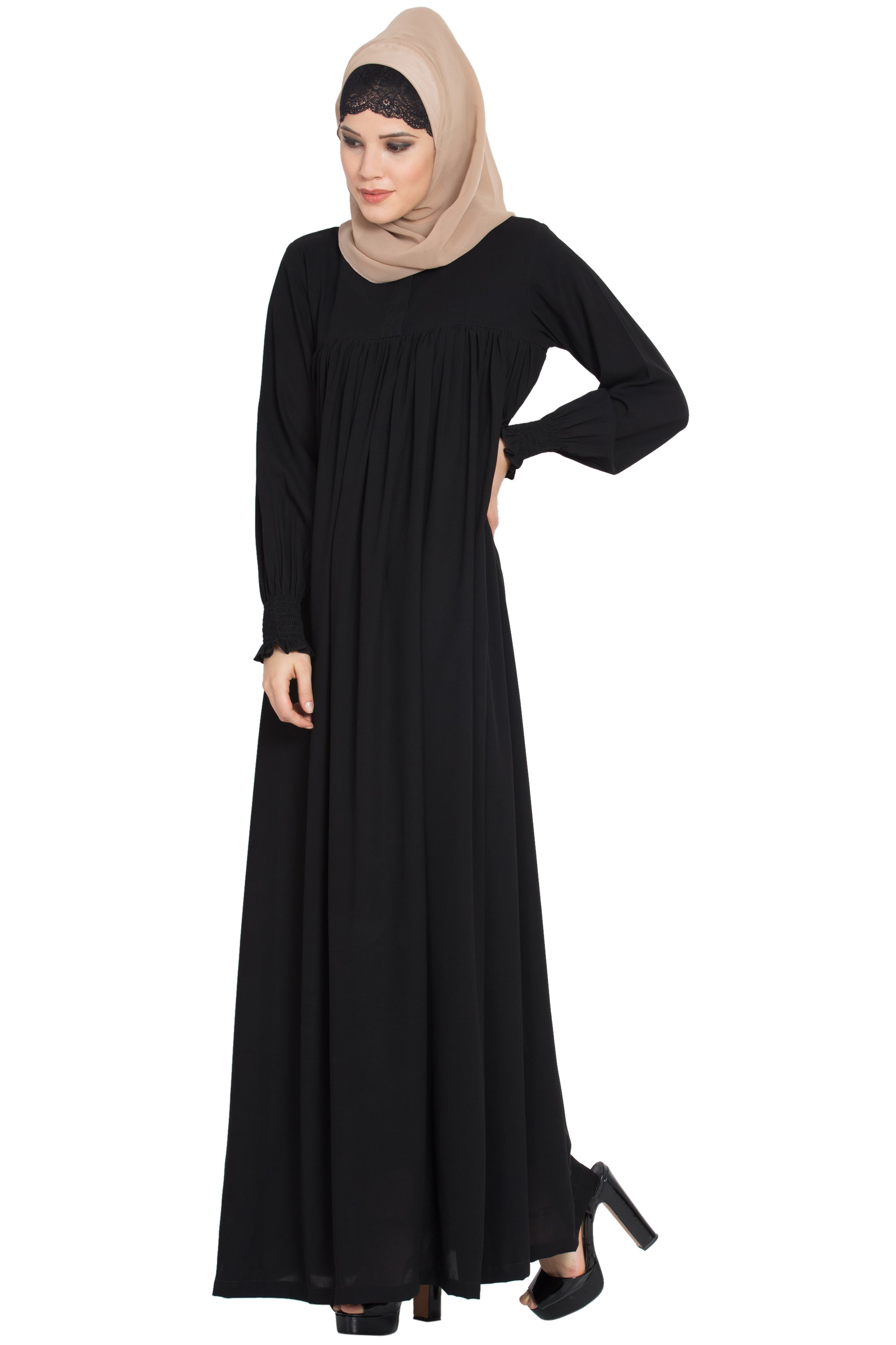 Bashariya Loose From Chest| Arabian Abaya With Gather and Smocky Sleeves - Black