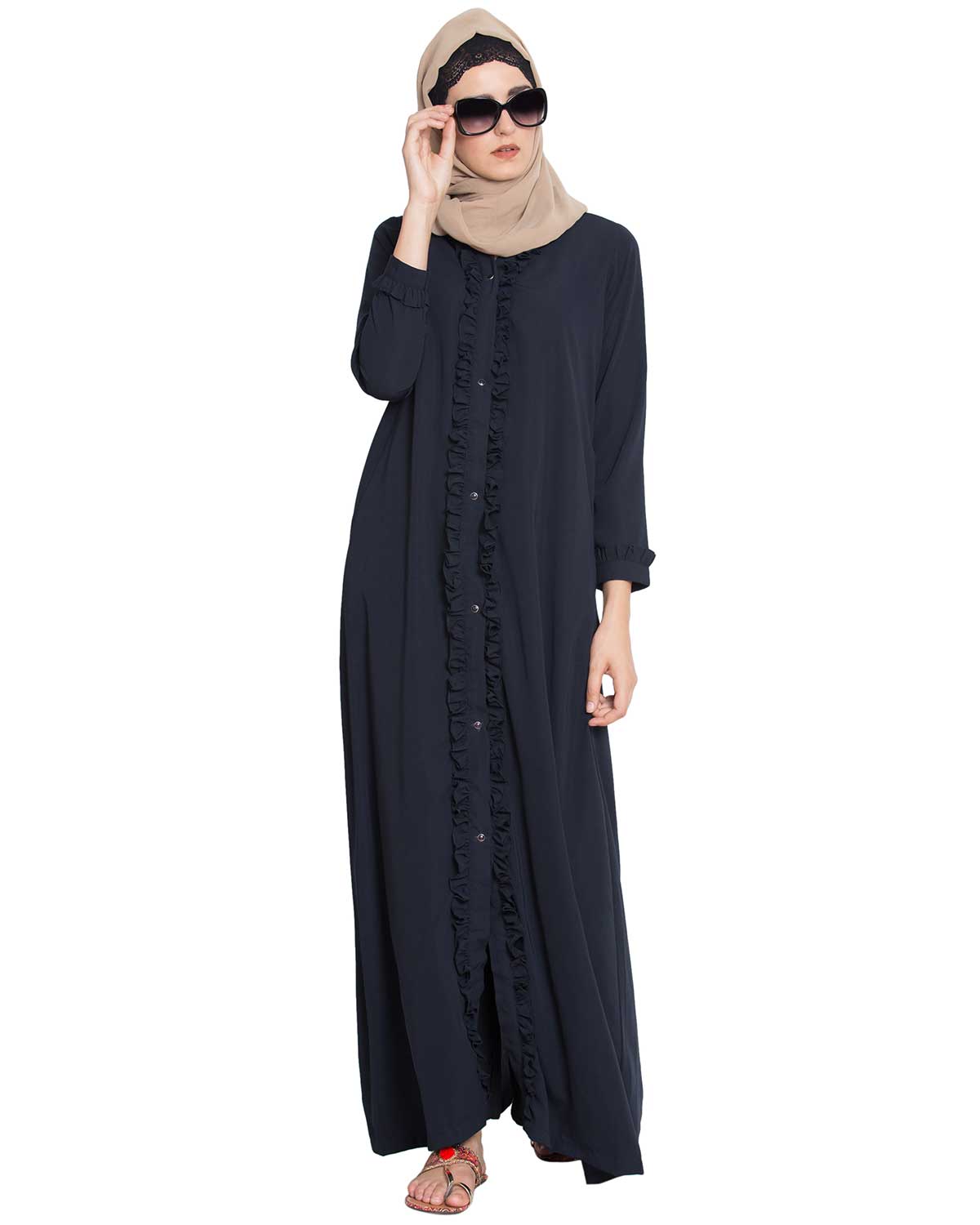 Bashariya Front Open Abaya With Ruffled Panels and Side Pockets - NavyBlue