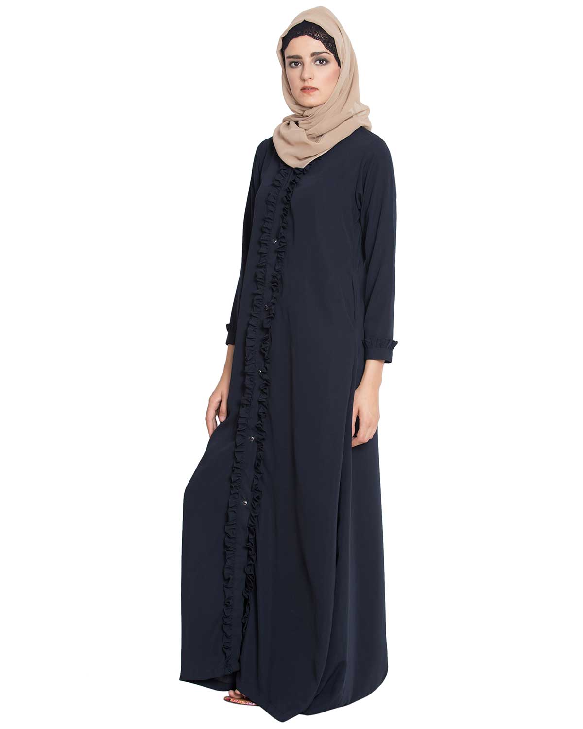 Bashariya Front Open Abaya With Ruffled Panels and Side Pockets - NavyBlue