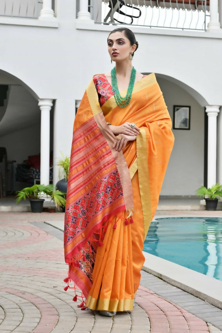 Vishnu Weaves Women's Mustard Raw Silk Patola Zari Woven Saree with Blouse