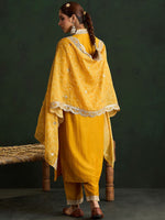 Thumbnail for Indo Era Mustard Yellow Floral Embroidered V-Neck Straight Kurta with Trousers & Dupatta