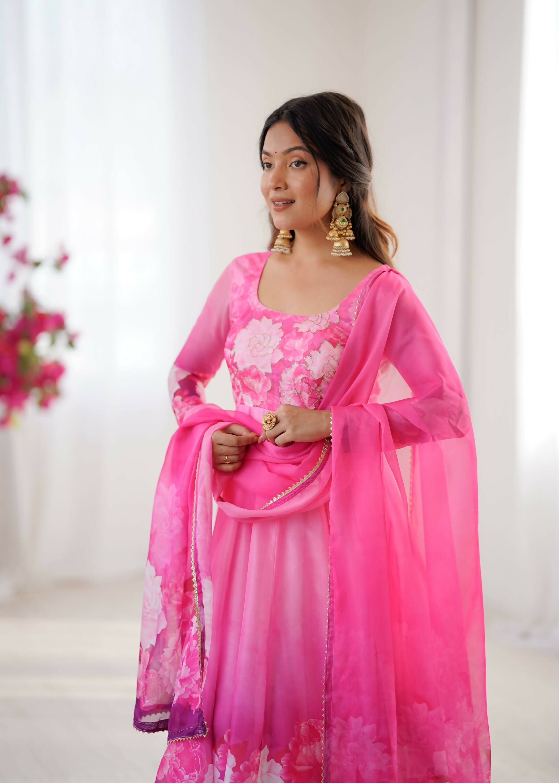 Teeya Creation Womens New Organza Soft Taby Silk Heavy Quality Fabric With Digital Print Pink Gown Set - Dista