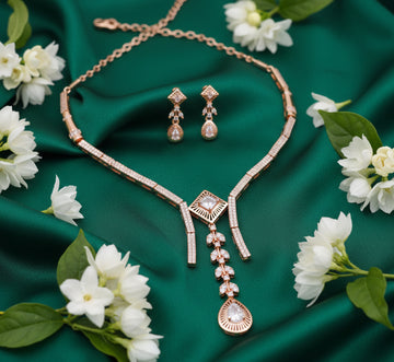 Jewel City Exquisite Rose Gold Plated American Diamond Necklace Set - Distacart