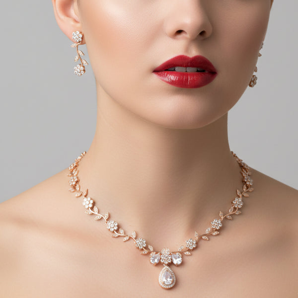 Jewel City Exquisite Rose Gold Plated White American Diamond Necklace Set - Distacart