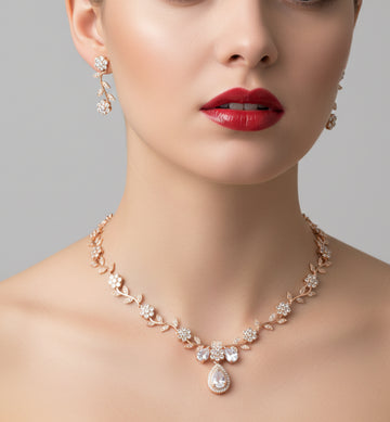 Jewel City Exquisite Rose Gold Plated White American Diamond Necklace Set - Distacart