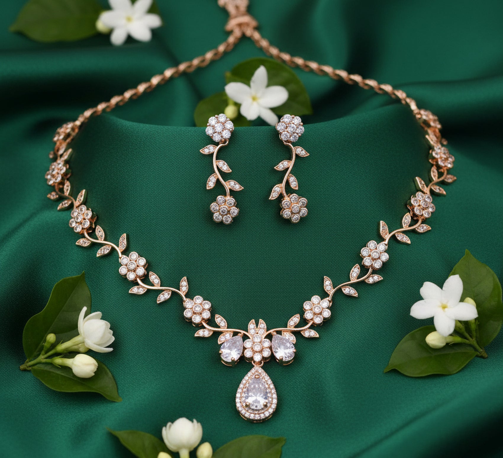 Jewel City Exquisite Rose Gold Plated White American Diamond Necklace Set - Distacart