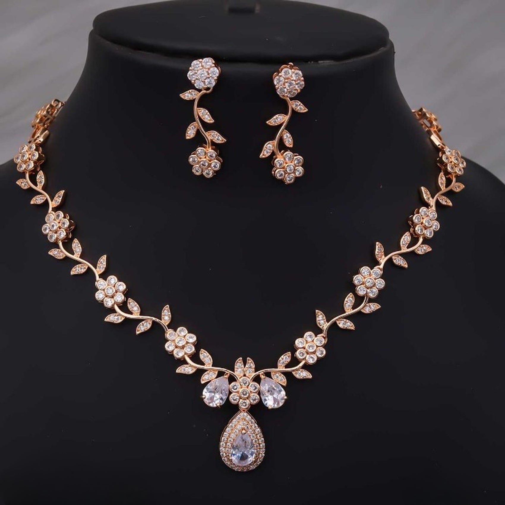 Jewel City Exquisite Rose Gold Plated White American Diamond Necklace Set - Distacart